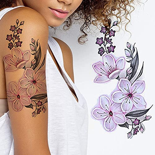 Tatodays Temporary tattoo for womens big flower cherry blossom pink white sexy realistic festival summer temp tatto adults body leg arm transfers sticker hippie fancy dress