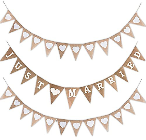 Wimpelkette Hochzeit Vintage just married Girlande Herz Jute Bunting Wimpel Banner zum Aufhängen für Hochzeitszeremonie Fotorequisiten Brautdusche Junggesellinnenabschied