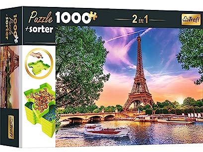 Trefl 10658 Set 2in1 Puzzle + Sorter, Puzzle 1000 Teile Sonnenuntergang über Paris, Puzzle Sorter 6 Fächer, Ordnen, Sortieren, Transportieren und Aufbewahren, Kreative Unterhaltung,