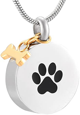 SUPPL Pfotenabdruck, runde Form, Edelstahl, Gedenkurne, Haustier-Andenken, Feuerbestattung, Anhänger mit goldenem Hundeknochen-Anhänger