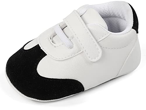 MASOCIO Unisex baby lära-gå-skor pojkar flickor krypskor halkfria sneakers babyskor 3–18 månader, Vit svart 1, 3-6 månader