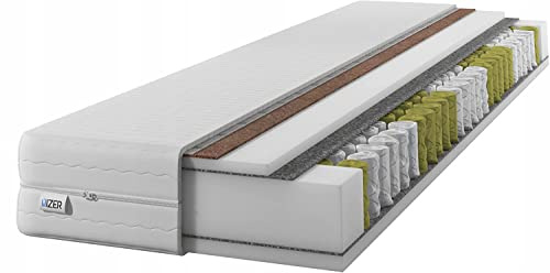 IZER Matratze GoldPLUS 90x190 cm mit KOKOS-Material | 2 in 1 (H3 und H4) | 7 Zonen | Taschenfederkern | Versteppter Bezug | Federkernmatratze