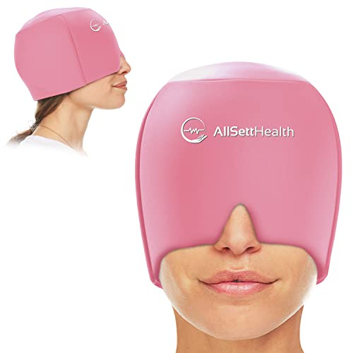 AllSett Health Migraine Relief Ice Head Wrap Headache & Migraine Hat, Cold Gel Head Ice Pack w/ Face & Eye Mask Compress for Cooling Migraine, Tension Headache Relief, Sinus Pressure Relief, Pink