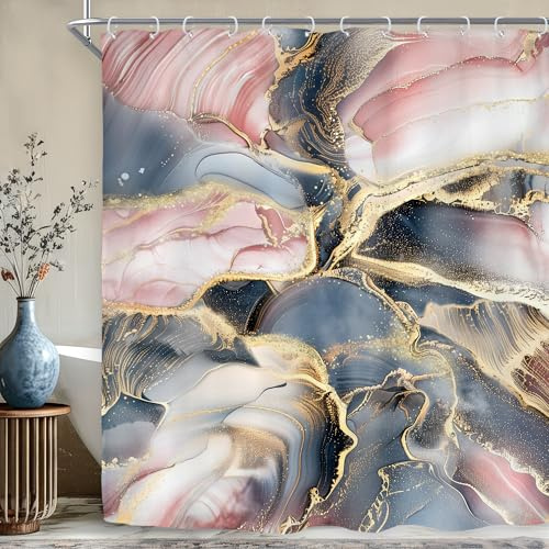 Riyidecor Navy Blue Pink Rose Gold Marble Abstract Shower Curtain for Bathroom Decor 60Wx72H Modern Purple Marble Ombre Luxury Texture Geometric Aesthetic Ink Printed Fabric Polyester Waterproof