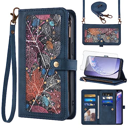 Asuwish Phone Case for iPhone 11 6.1 Wallet Cover With Screen Protector and Crossbody Wrist Strap Leather Flip Pattern Zipper Credit Card Holder Cell iphone11case iPhone11 i 11s XI 11R Women Men Blue