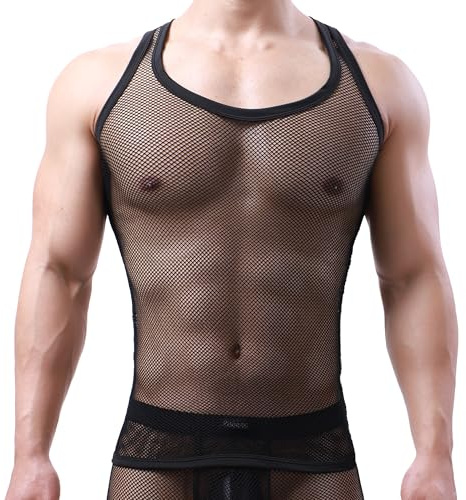 Chaleco de Hombre Sexy Malla Transpirable Camiseta sin Mangas Transparente Bikini Briefs Traje de baño
