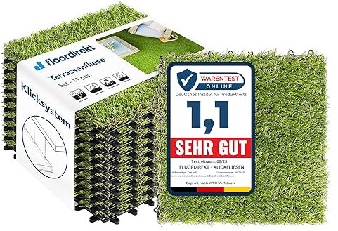 Floordirekt Piastrelle a clic, 30 x 30 cm, 1 m² = 11 piastrelle per terrazze, balconi e terrazze, resistenti alle intemperie, con funzione di drenaggio, erba