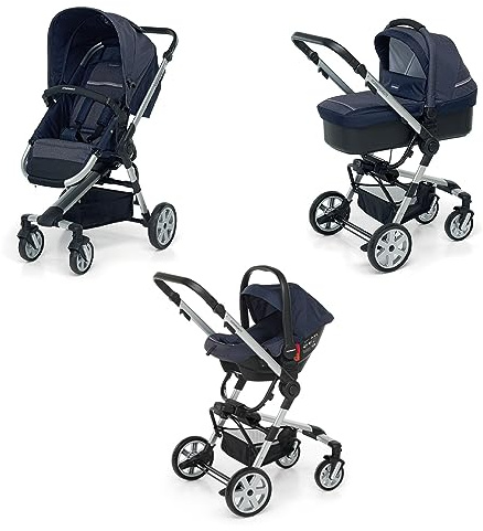 Foppapedretti Trio Supertres I-Size, Sistema Modulare Combinato per Bambini, Navicella Passeggino e Seggiolino auto I-Size, Maniglione e Poggiagambe Regolabili, conforme ECE R129, Denim Ocean