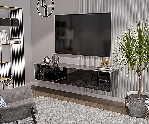 HAJDUK FURNITURE Wohnwand Schwarz Full Hochglanz TV Lowboard 180 cm Hängeschrank TV Board Hängend Schrank Fernsehschrank TV Bank Wohnzimmer Möbel Modern Wandschrank