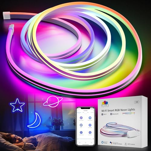 SIBI LIGHTING Neon Led Strip, RGBIC LED Band mit App Steuerung, Musik Sync, Farbwechsel, funktioniert mit Alexa, Neon Light für Schlafzimmer,Wohnzimmer,Wand Deko, 3M