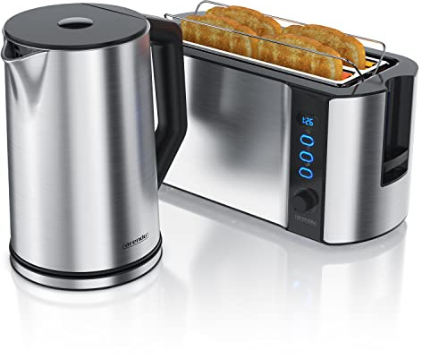 Arendo Ensembles Bouilloire et grille-pain en SET Bouilloire en inox 1,5L 40°-100°C, Grille-pain 4 Tranches Ecran LED 6 niveaux de brunissage support viennoiserie grille pain, Gris