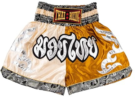 Muay Thai Shorts for Men Women Slim Cut MMA Boxing Shorts Training Kickboxing Workout Clothing Martial Arts Trunks (US, Alpha, Medium, Cream/Gold)
