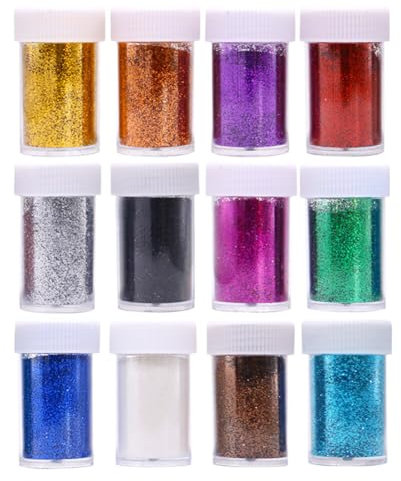 iSpchen Glitter Pulver Bunte Glitter zum Basteln Glitzerpuder 12 Farben/Setfür Dekoration, Nagelkunst,Karten, Papier