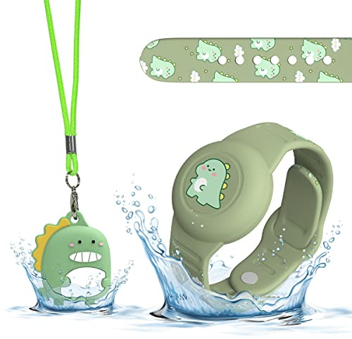 1pc Bracelet étanche et 1pc Pendentif Coque de Protection pour Apple Airtag, Enfants Apple Airtag IP53 Protection Anti - Perte GPS Tracking Corps Entier Mignon Animation Silicone Réglable(Dinosaure)
