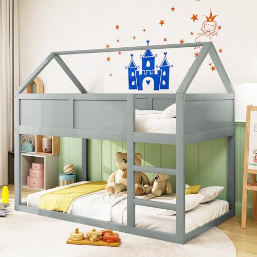 Hochbett 90x200, Hausbett mit Treppe, niedriges Kinderbett für 2 Kinder, Etagen-Einzelbett mit Rausfallschutz und Lattenrost, Etagenbett Holzbett Jugendbett Kinderhochbett Bettgestell Bett, Grau