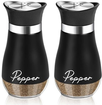 DOETYD 2 Pcs Salt and Pepper Shakers Set 130ml Stainless Steel Spice Dispenser with Clear Glass Bottom for Kitchen Restaurant Camping Dining, Black