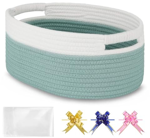 BOSROTY Small Woven Basket with Gift Bags and Ribbons, Empty Baby Gift Baskets for Kids Women Men, Nursery Storage, Small Cat Dog Pet Toy Boxes, 33 x 23 x 14 CM, Light Green