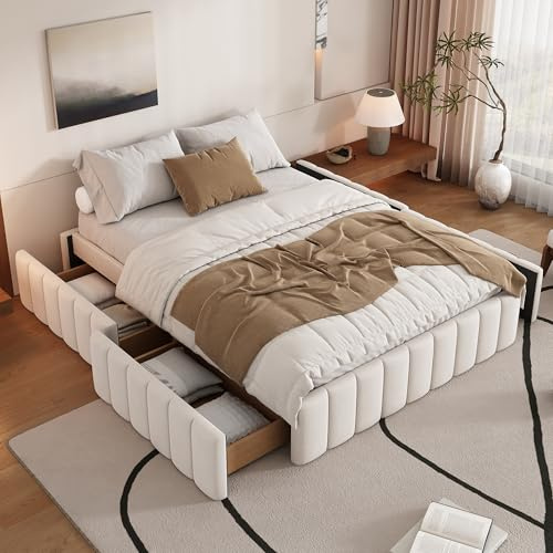 MQLAE Bett 140x200 cm, Palettenbett, Bett ohne Kopfteil, Polsterbett, Jugendbett, Stauraumbett mit 2 Schubladen, Doppelbett Bettgestell mit Lattenrost, minimalistisches Styling, Beige, Ohne Matratze