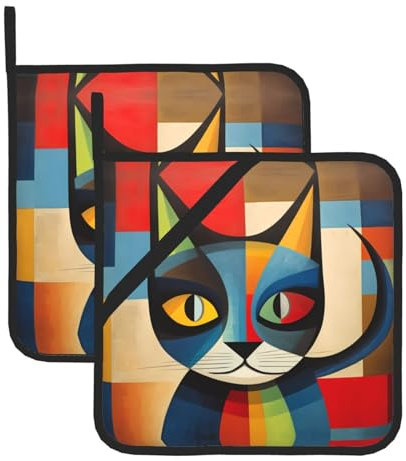 Set di due presine quadrate con stampa di gatto moderno, resistenti al calore, 20,3 x 20,3 cm, tessuti di qualità, anti-scottatura e facili da pulire
