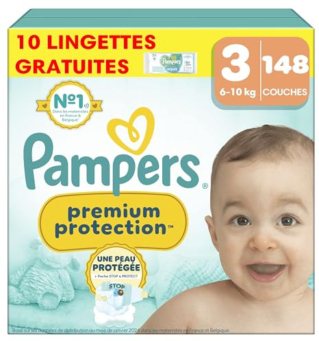Pampers Premium Protection Taille 3, 148 Couches, 6-10kg, Double Protection Pour La Peau et Contre Les Fuites + 10 Lingettes Harmonie Aqua Gratuites