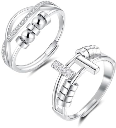 Deyanse Silber Anxiety Ring, 2 Stück 925 Sterling Silber Stress Ring Set | Nickelfrei Angst Ringe mit Perlen Zirkonia, Offen Einstellbar Spinner Fidget Ringe, Drehen Dekompressionsring für Damen Mann