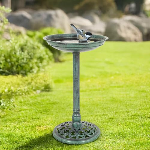 Garden Mile Large Garden Bird Bath Pedestal Traditional Ornamental Bird Bath Weatherproof Resin Birdbath with Rustic Finish Freestanding Victorian Style Water Bowl with Ground Pegs