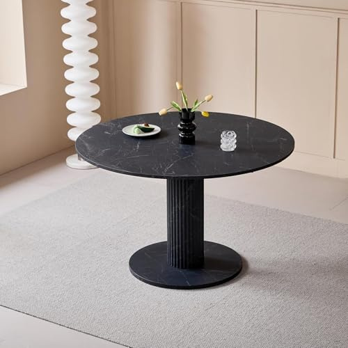 BenyLed Tavolo da Pranzo Rotondo da 115 cm per 4-6 Persone, Grande Tavolo da Cucina (Design in Finto Marmo) con Base a Strisce in MDF, ideale per Caffè, Cucina, Sala da Pranzo (Nero)