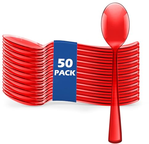 ZLMTZDJD 50Pcs Clear Disposable Durable Plastic Spoons - Colored Plastic Spoons for Birthday, Wedding, Valentine's Day, Parties, Picnics, Banquets (red)