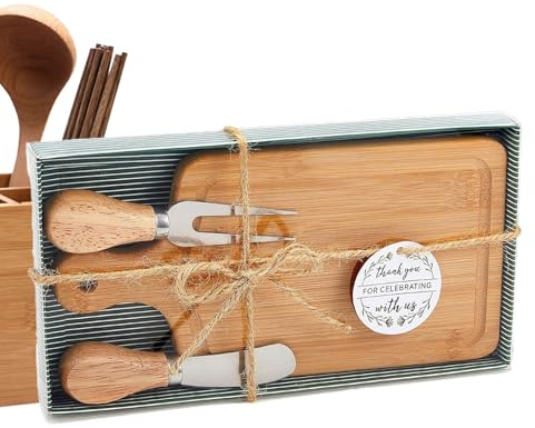 Djowyh Ensemble de planches de charcuterie - Planche à découper carrée en bois avec couverts et étiquette de remerciement - Pour cuisine, appartement, pendaison de crémaillère, mariage, anniversaire