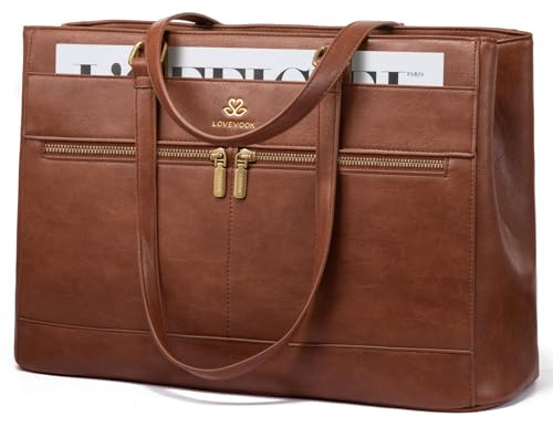 LOVEVOOK Laptop Handbags for Women, 15.6 Inch Large Tote Bag Ladies Work Bags with Compartments, Vintage-Style Leather Laptop Bags Womens Handbag Shoulder Bag for School Office Business, Brown