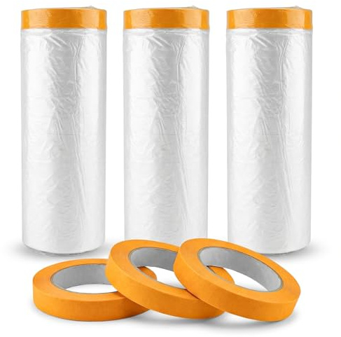 HexinYigjly Lot de 3 rouleaux de film anti-poussière en plastique pour décoration, 2,4 m x 10 m avec 3 rouleaux de ruban de masquage de 1,5 cm x 30 m, pour peinture, revêtement mural