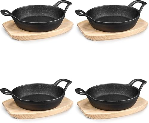 4 Sets Mini Cast Iron Skillets, Small Serving Plate with Wooden Base, 15cm | Round Fajita Sizzler, Heat Resistant and Even Distribution, Double Loop Handle, for Frying, Baking, Grilling