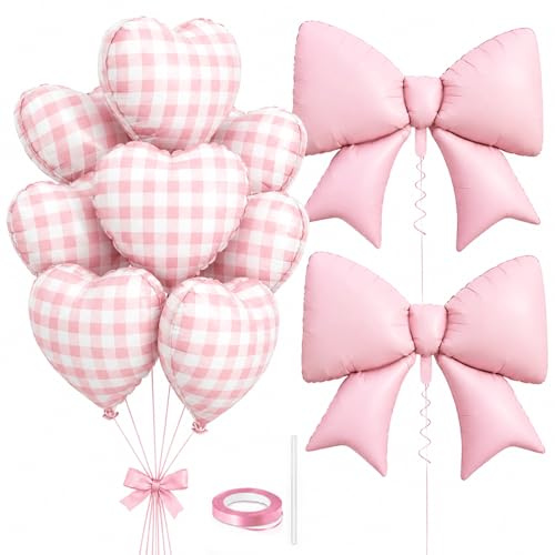 Catelves Ballon Deko Set Rosa, 10-teiliges Folienballon-Luftballon Set mit 8 karierten Herzballons & 2 Schleifenballons, Baby Shower Deko, Geburtstag Mädchen, Brautparty, Hochzeit, Fotowand Deko