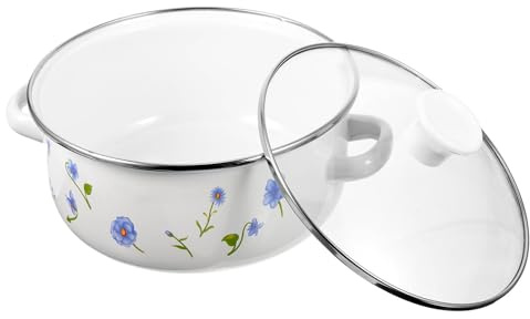 Hohopeti 1.5l Enamel Retro Soup Pot with Lid and Double Handles, Flat Bottom Cooking Pot for Uniform Heating and Anti-Scald Safety, for Cooking Noodles and Seafood the Kitchen