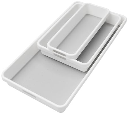 madesmart Tray, Set of 3, White, PremiumWhite | non slip feet, rounded corners, modular layout, mixed sizes, custom fit, office craft supplies, makeup tools, woman owned