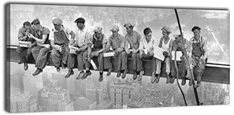 wandmotiv24 Leinwandbild Panorama Nr. 249 Skylunch 100x40cm, Bild auf Leinwand, Retro Foto Bauarbeiter