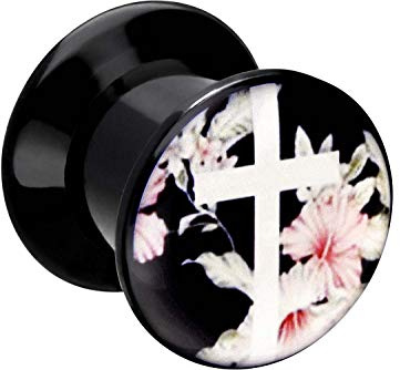 PIERCINGLINE Acryl Plug schwarz | KREUZ BLÜTEN MOTIV | Piercing Ohr Tunnel | Größenauswahl