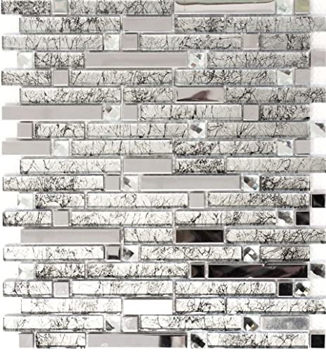 Mosaik Verbund Crystal/Edelstahl mix silber/Glas Glasmosaik Transluzent Transparent 3D, Mosaikstein Format: 15x15/48/98x8 mm, Mattengröße: 298x338 mm, 10 Mosaikmatten