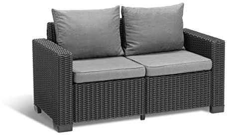 Allibert by Keter California 2-Sitzer Gartensofa für Balkon und Terrasse, inklusive Sitzauflagen und Rückenkissen, runde Rattanoptik, Lounge Gartenmöbel, Graphit/panama cool grau, 141 x 68 x 72 cm