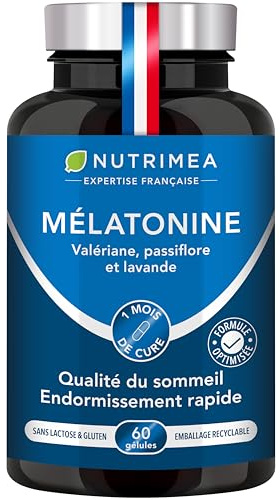 Melatonine 1,9 mg | Complexe Sommeil avec Valériane, Passiflore & Lavande | Régule l'Horloge Biologique & Limite le Jetlag | 60 Gélules Vegan | Nutrimea | Fabriqué en France