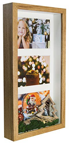 BD ART Marco 18 x 35 cm Box 3D para Fotos Color Roble Rústico con Paspartu para 3 fotos 10 x 15 cm