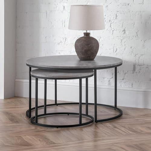 Julian Bowen Staten Nesting Coffee Tables, Concrete Effect - H55 x W40cm | Round, Industrial Style Centre Table for Living Room,