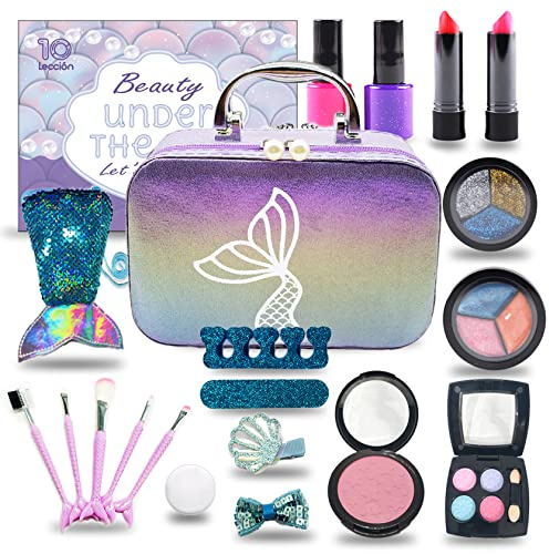Kids Makeup Set for Girls - Non Toxic Washable Mermaid Makeup Kit, Little Mermaid Toys for Girl 5-7, 8-12，Princess Dress up Beauty Vanity Set，Ideal Party Gifts for Halloween Christmas and Birthday