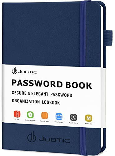 JUBTIC Password Keeper Book with Alphabetical Tabs. Medium Size Password Book for Seniors, Internet Website Address Log in Detail. Hardcover Password Notebook for Home Office, Navy Blue