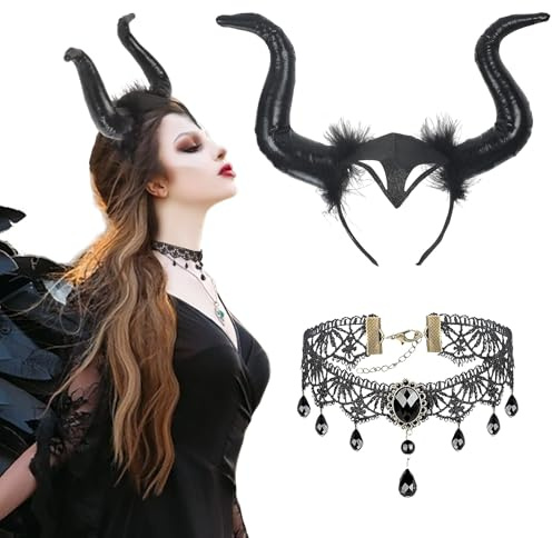 LAMEK 2 Pcs Königin Hörner Kopfschmuck Horn Kopfbedeckung Damen Halloween Haareif mit Gothic Retro Spitzenhalskette Straßenkarneval Kostüm Böse Stirnband Cosplay Haarband für Karneval Maskerade