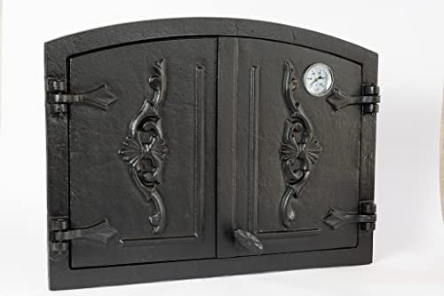SEZAM doppelte Räucherofentür aus Gusseisen mit Thermometer 500 °C, mit Türriegel, halbrund, Tür für Smoker - Ofentür - Steinofentür, 41 x 4 x 55 cm, schwarz bemalt