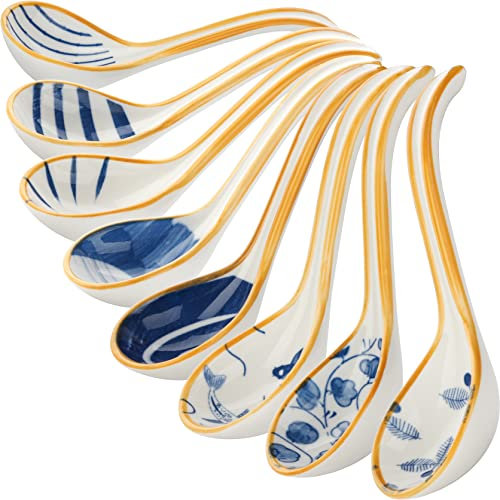 Lot de 8 grandes cuillères à soupe asiatiques en céramique de style coréen à long manche pour pho, nouilles, boulettes, miso, dessert, céréales (style 1)