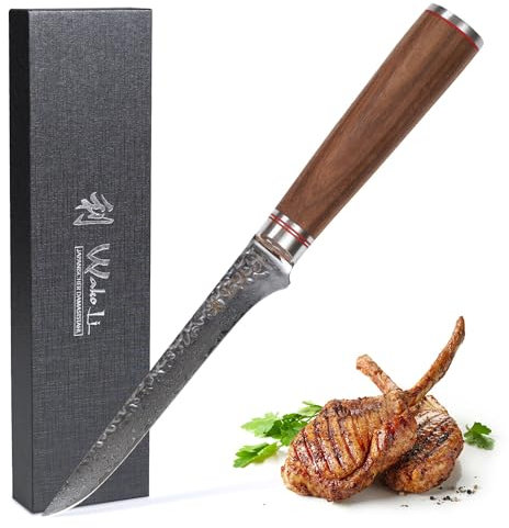 Wakoli Nussbaum Filetiermesser - Ausbeinmesser | Scharfes Messer 16,5 cm Klinge aus 67 Lagen Damaststahl VG10-Kern | Holzgriff | Schneidemesser für Fisch & Fleisch | Küchenmesser in Geschenkbox
