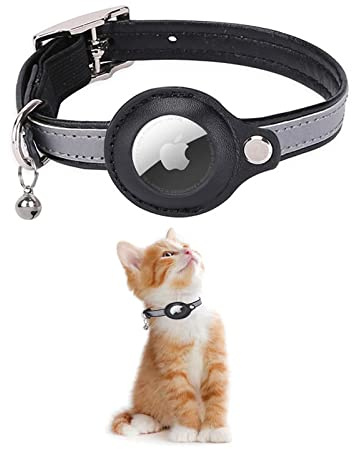 KOLACEN Leder Reflektierendes AirTag Katzenhalsband, Airtag mit Airtag Hülle und Glocke, Einstellbares Airtag Katzenhalsband mit abbrechbarer Sicherheitsschnalle für Katzen Kätzchen Welpen (Schwarz)
