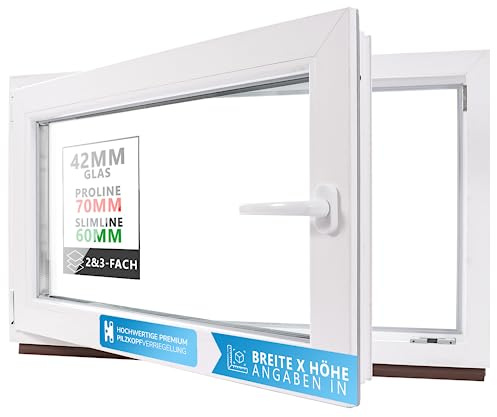 Kellerfenster Kunststofffenster weiß, BxH: 60 x 40 cm / 600 x 400 mm 2-fach Verglasung (32 mm) Dreh-Kipp inkl. Pilzkopfverriegelung, DIN Rechts (Griff Links), 60 mm Profil